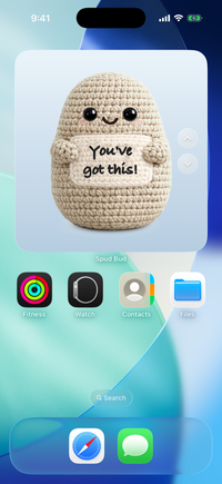 Spud Bud widget on an iPhone Home Screen showing a potato whose sign reads You’ve got this!