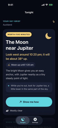 Up There’s Tonight screen with a verdict card reading The Moon near Jupiter, look west around 10:20pm